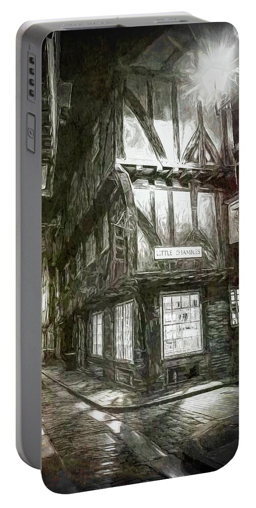 'little Shambles' Portable Battery Charger featuring the photograph York Shambles by Night in grunge painting by Sue Leonard