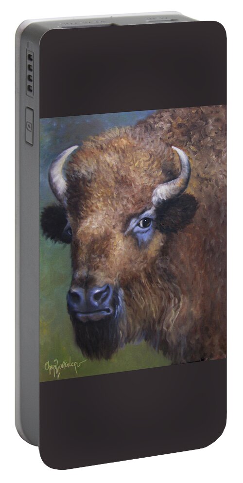Bison Portable Battery Charger featuring the painting Young Bison From Stratford Oklahoma an Original Artwork by Cheri Wollenberg by Cheri Wollenberg