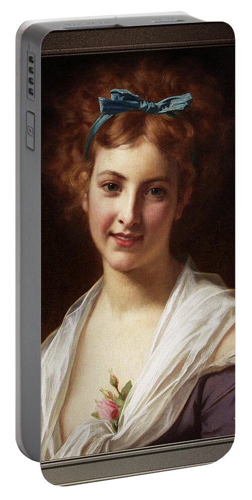 Young Lady With Blue Bow Portable Battery Charger featuring the painting Young Lady With Blue Bow by Hugues Merle Classical Art Old Masters Reproduction by Rolando Burbon