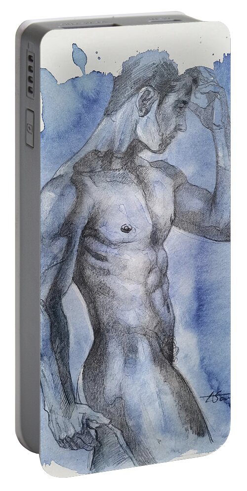Male Nude Portable Battery Charger featuring the drawing Young man#20122 by Hongtao Huang