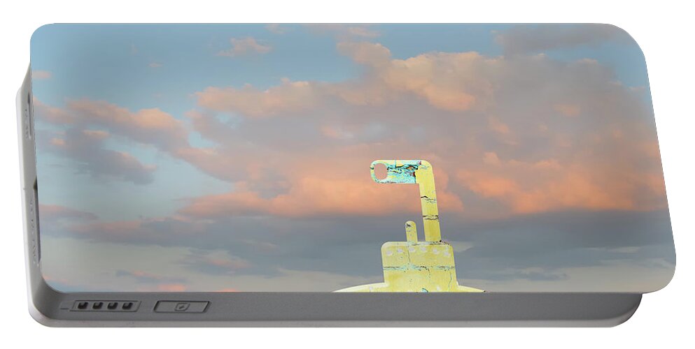 Yellow Portable Battery Charger featuring the digital art Zany Yellow Submarine at Sunset by Marianne Campolongo