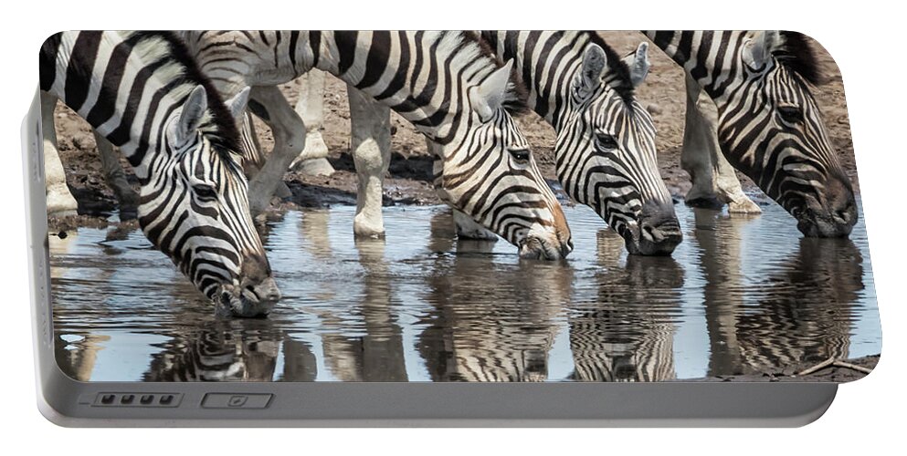 Plains Zebra Portable Battery Charger featuring the photograph Zebras at Chudob Waterhole by Belinda Greb
