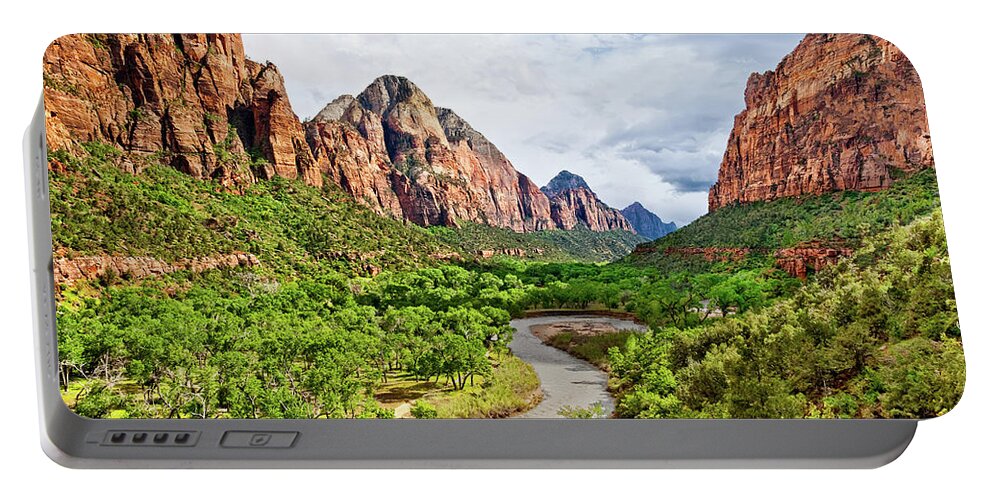 Arid Climate Portable Battery Charger featuring the photograph Zion Canyon and the Meandering Virgin River at Dusk by Jeff Goulden