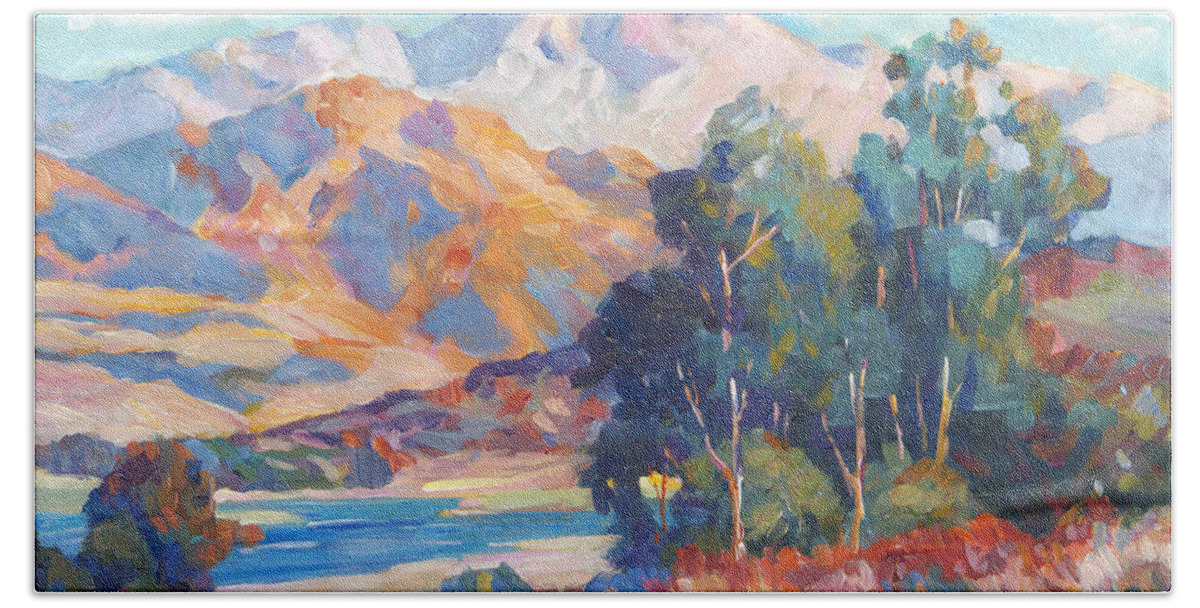 Mountains Beach Towel featuring the painting California Lake by David Lloyd Glover