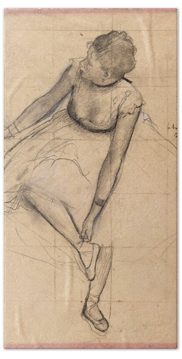 Edgar Degas Beach Sheet featuring the drawing 	Dancer Adjusting Her Slipper #2 by Edgar Degas