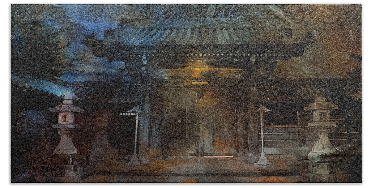 Temple Beach Towel featuring the mixed media GATE..Asian Moon. by Andrzej Szczerski