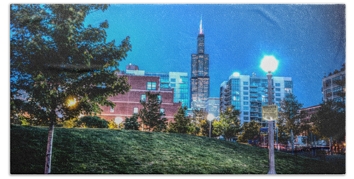 Adams Beach Towel featuring the photograph Mary Bartelme Park and the Willis Tower by Anthony Doudt