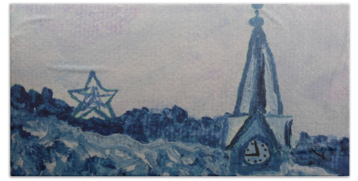 Steeple Beach Towel featuring the painting Mill Mountain Star and Green Memorial Methodist Church by Julie Brugh Riffey