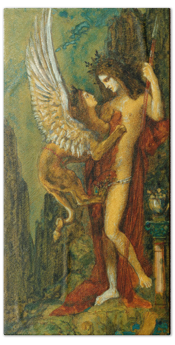 Gustave Moreau Beach Towel featuring the painting The Sphinx by Gustave Moreau