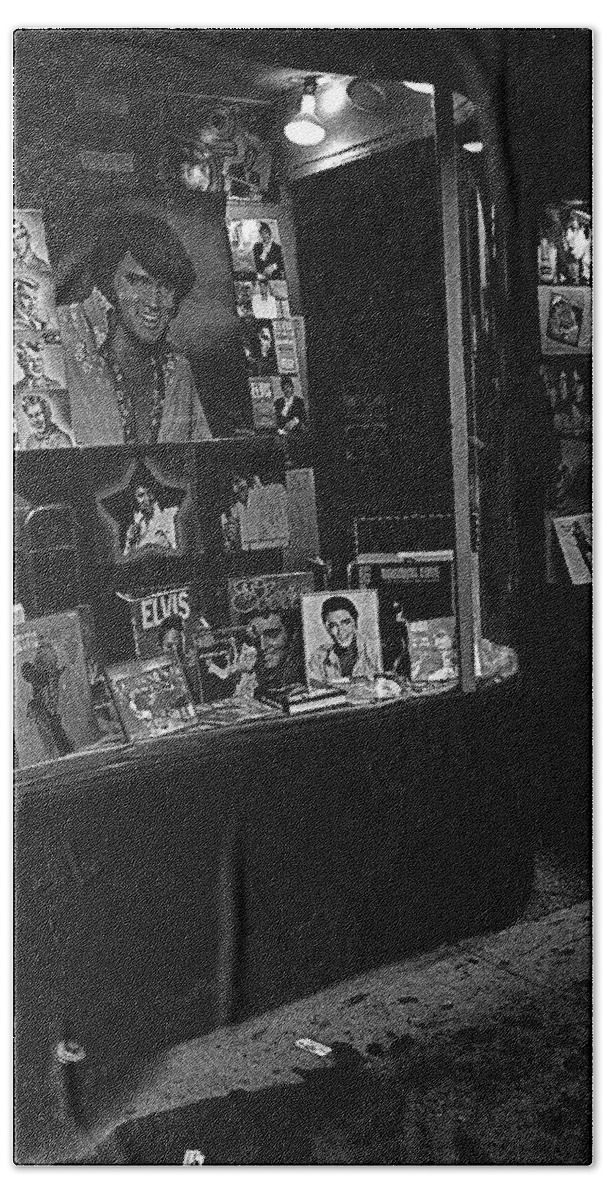 August 16 1977 Night Of Elvis Presley's Death Recordland Portland Maine Music Store Art Deco Facade Black And White Beach Towel featuring the photograph Window display night of Elvis Presley's death Recordland Portland Maine 1977 #2 by David Lee Guss
