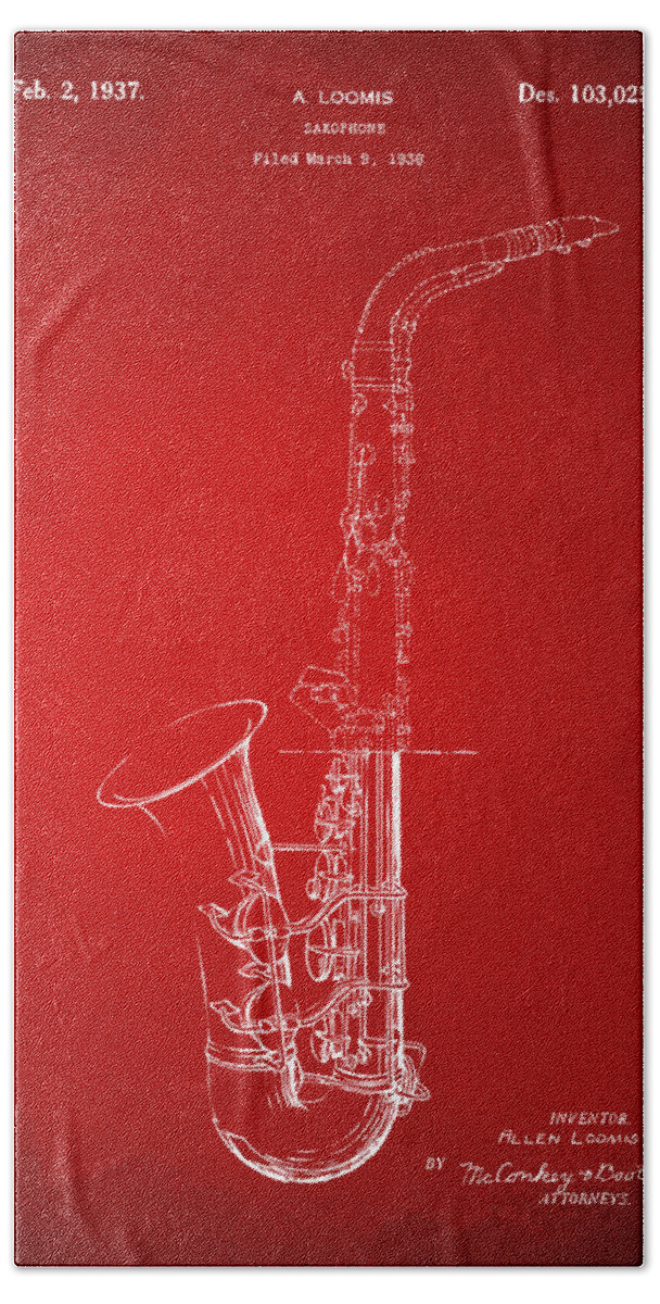 Saxophone Beach Towel featuring the drawing 1937 Saxophone Patent Artwork - Red by Nikki Marie Smith
