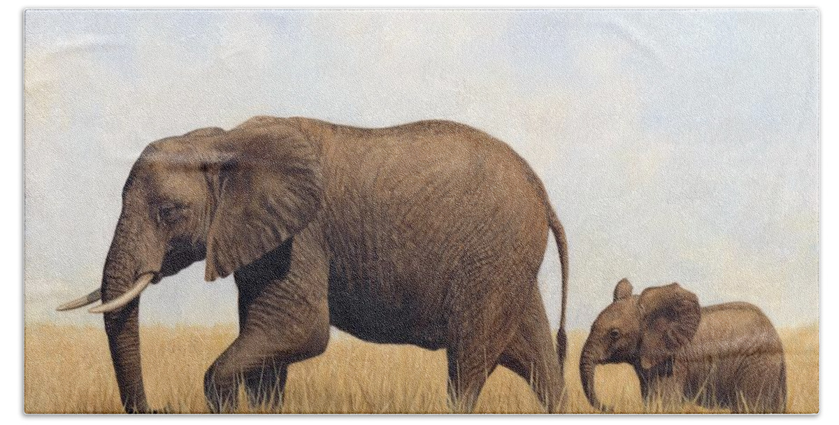 African Beach Sheet featuring the painting African Elephants #2 by David Stribbling