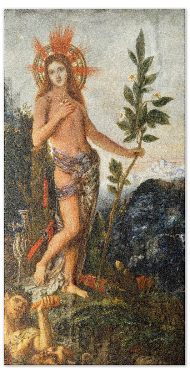 Gustave Moreau Beach Towel featuring the painting Apollo Receiving the Shepherds' Offerings #2 by Gustave Moreau