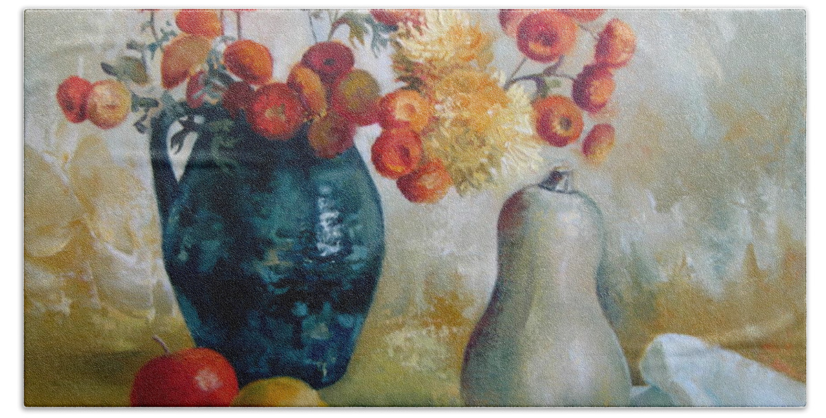 Chrysanthemums Beach Towel featuring the painting Autumn still life #1 by Elena Oleniuc