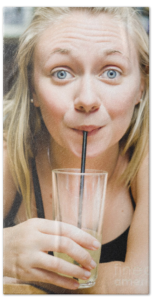 Soda Beach Towel featuring the photograph Beautiful blonde woman drinking soda soft drink #1 by Jorgo Photography