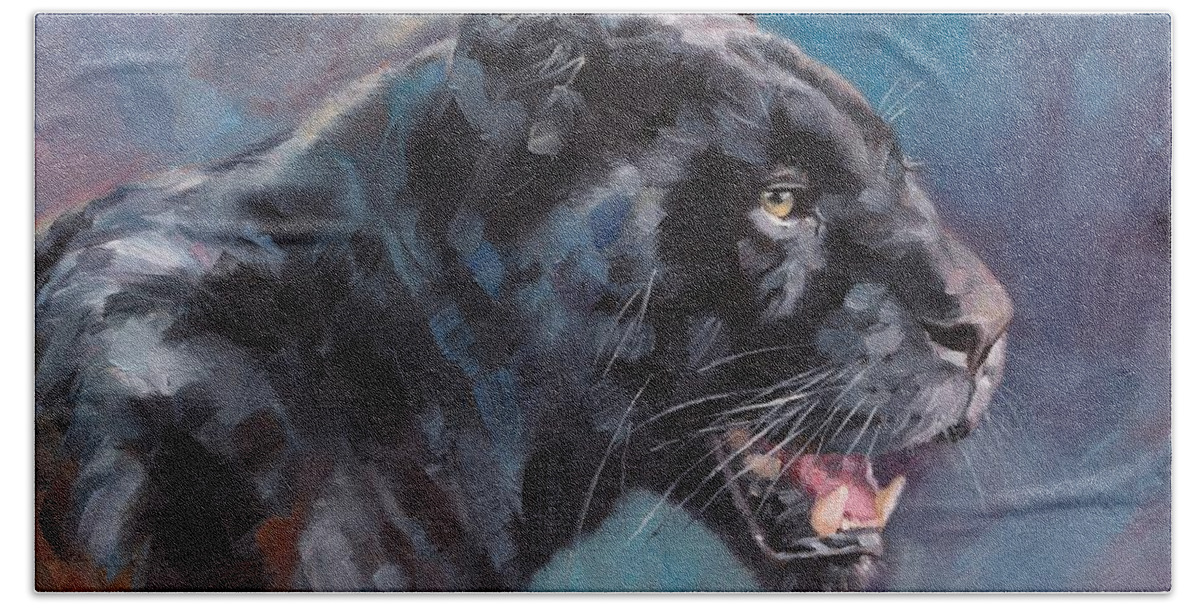 Black Panther Beach Sheet featuring the painting Black Panther #2 by David Stribbling