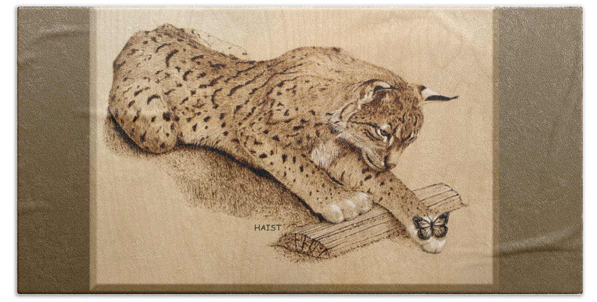 Nature Beach Sheet featuring the pyrography Bobcat and Friend by Ron Haist
