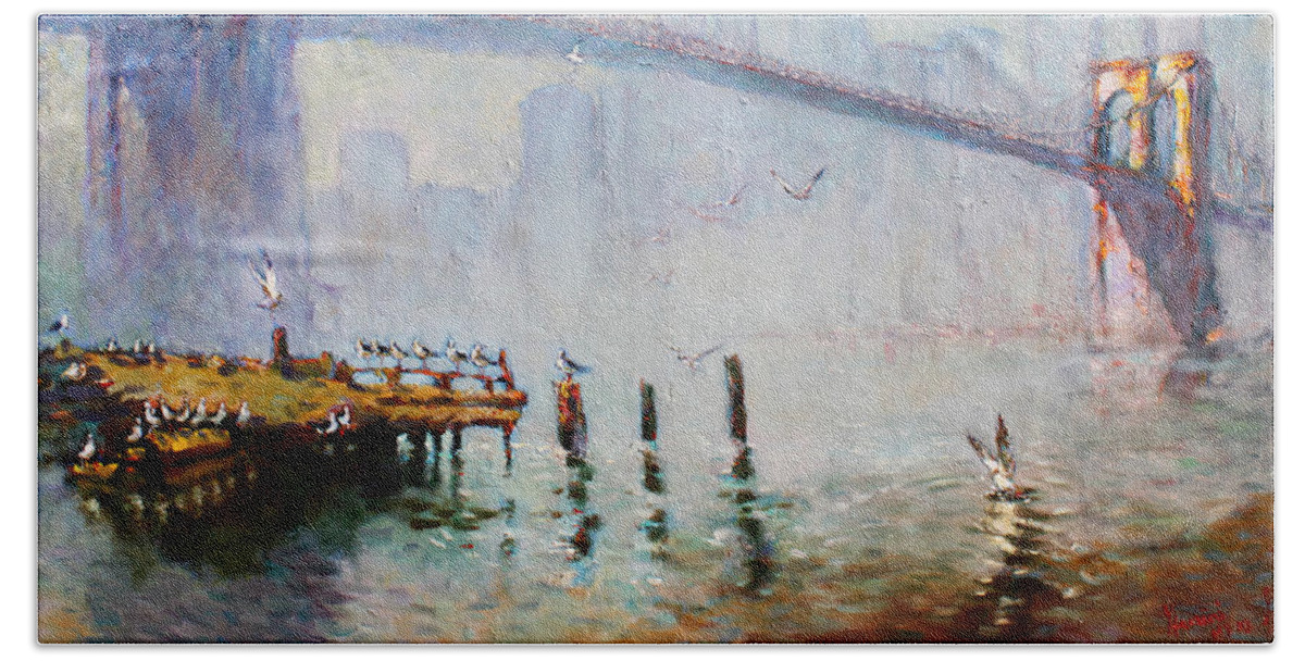Brooklyn Bridge Beach Towel featuring the painting Brooklyn Bridge in a Foggy Morning  #1 by Ylli Haruni