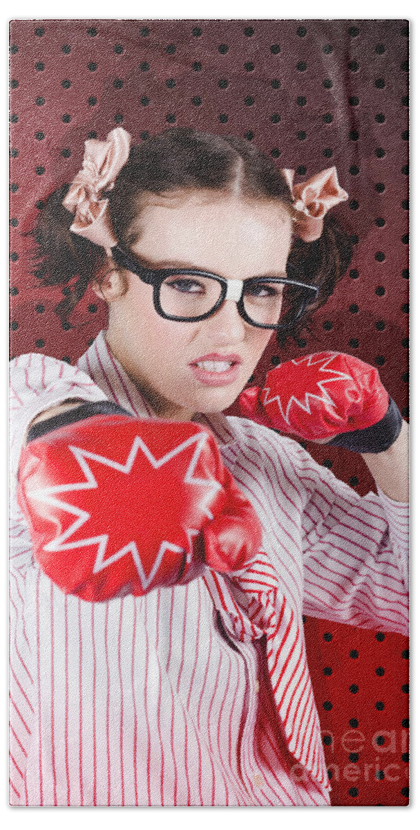 Nerd Beach Towel featuring the photograph Businesswoman Boxing The Competition With Strategy by Jorgo Photography