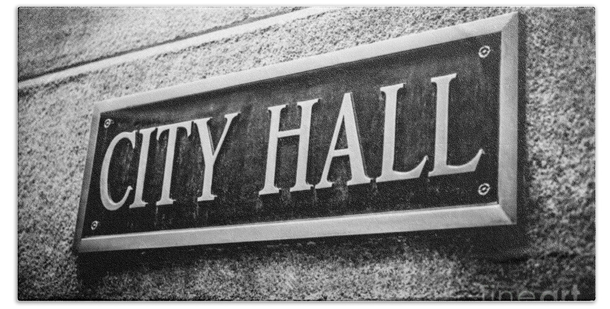America Beach Towel featuring the photograph Chicago City Hall Sign in Black and White #1 by Paul Velgos