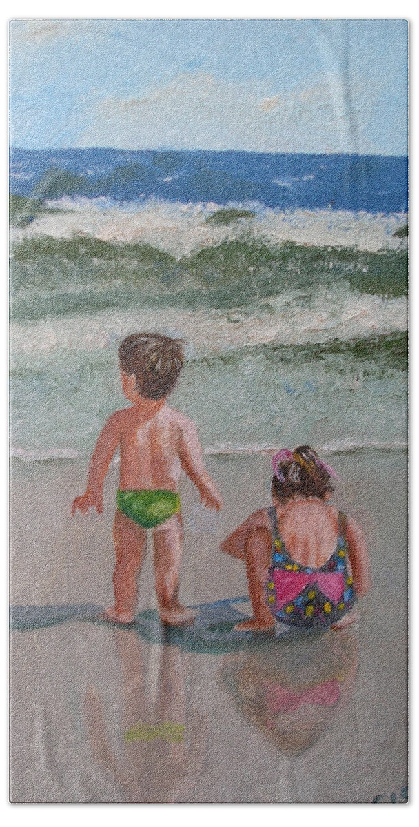 Seashore Beach Sheet featuring the painting Children on the Beach by Jill Ciccone Pike