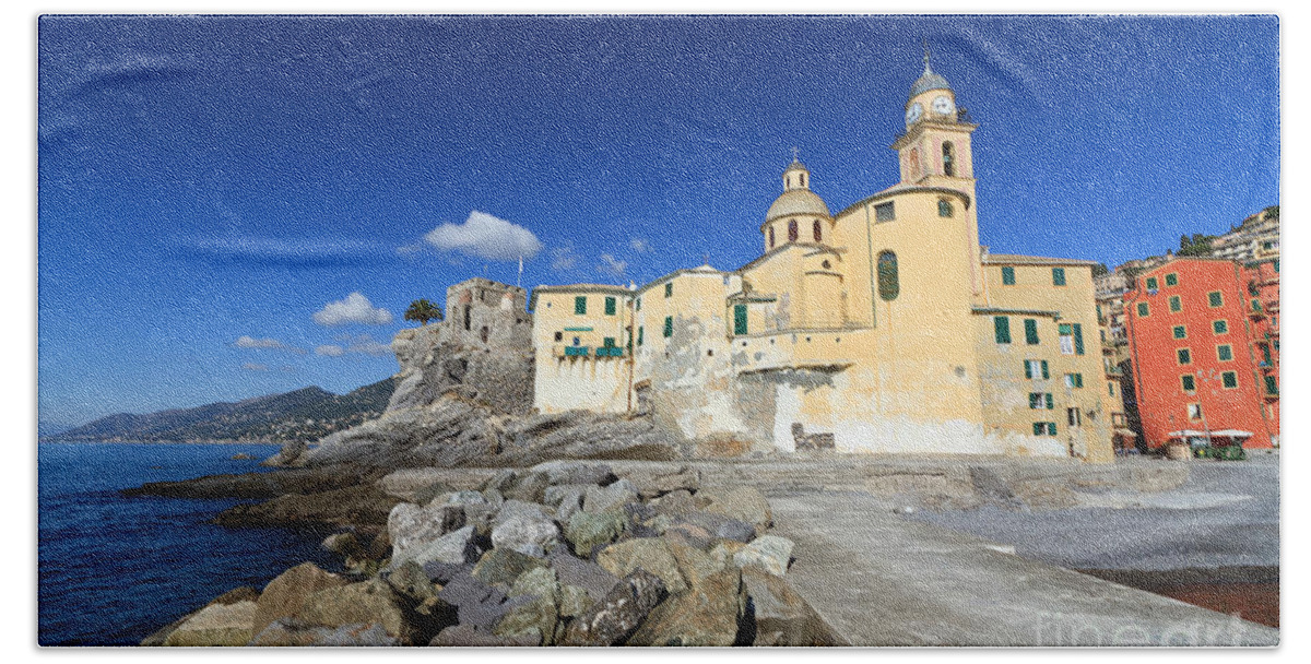 Ancient Beach Towel featuring the photograph church in Camogli #1 by Antonio Scarpi