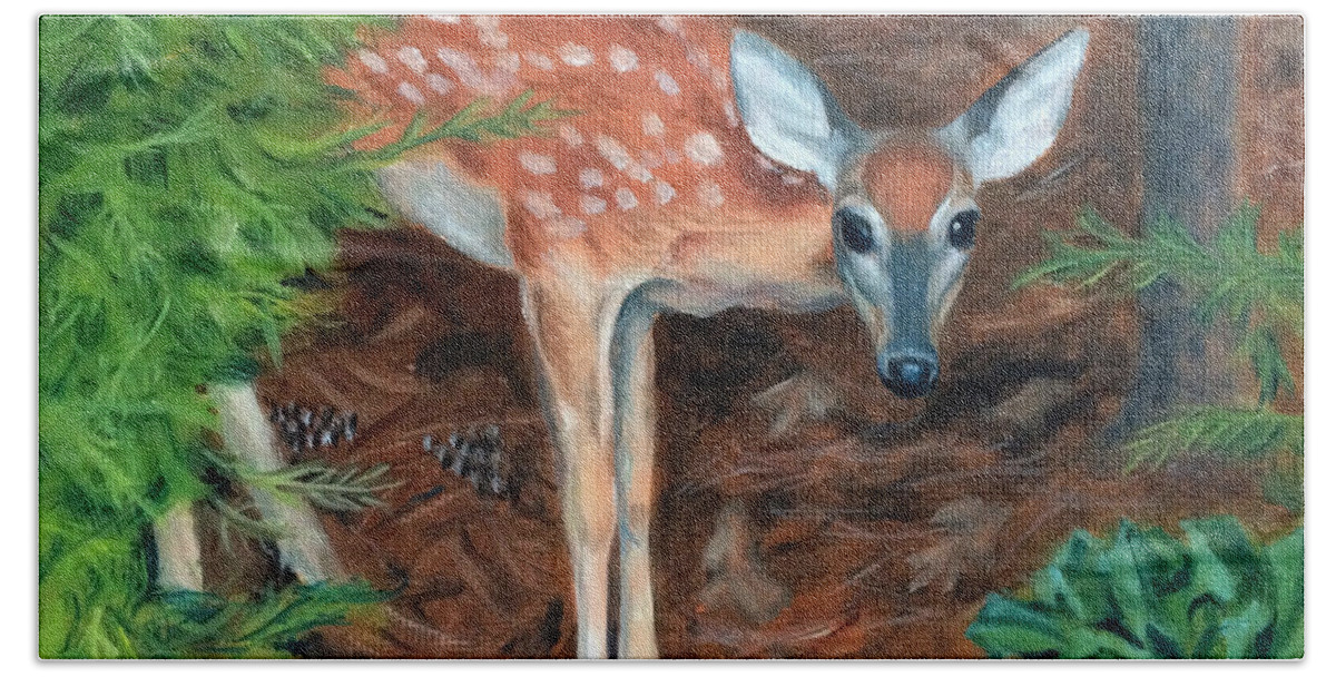 Woodland Beach Towel featuring the painting Curious Fawn by Jill Ciccone Pike