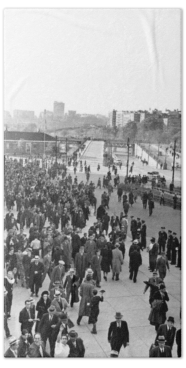1938 Beach Sheet featuring the photograph Fans leaving Yankee Stadium. #1 by Underwood Archives