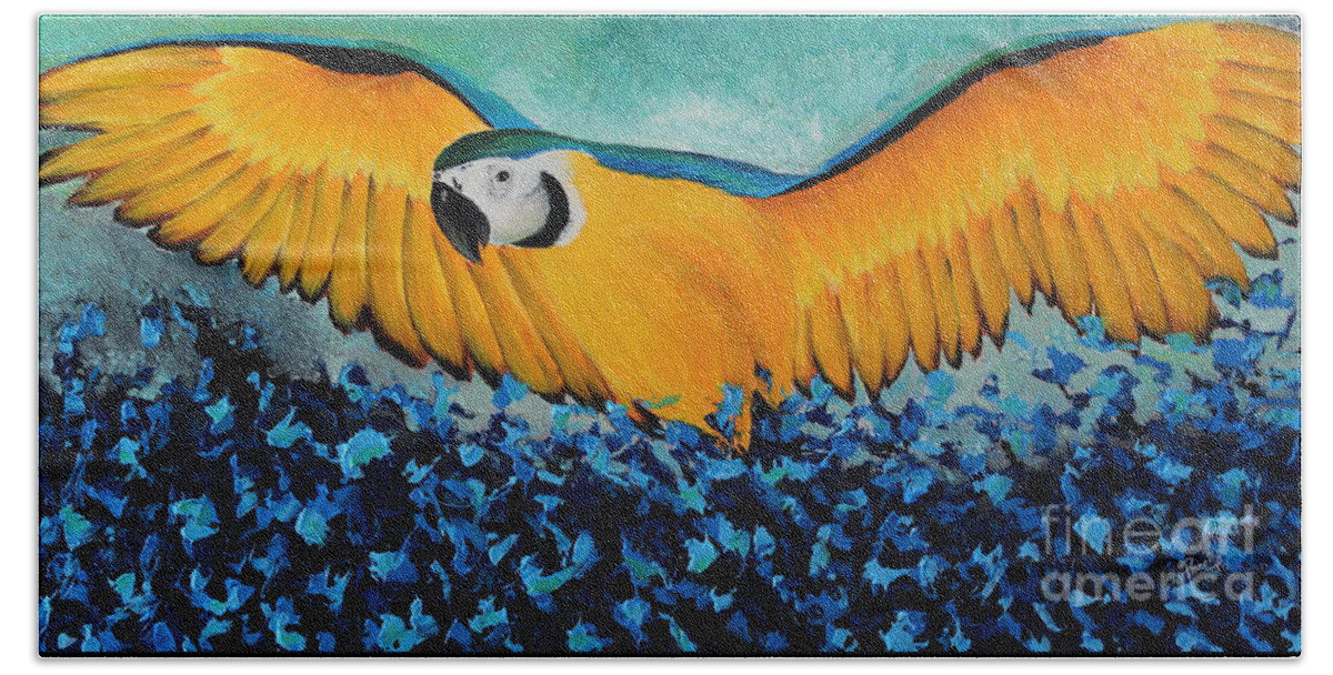 Art Beach Towel featuring the painting Yellow Macaw by Preethi Mathialagan