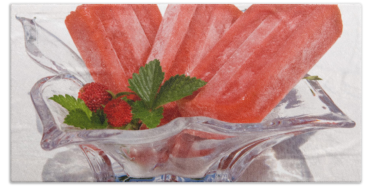 Popsicle Beach Towel featuring the photograph Frozen Strawberry Popsicles by Iris Richardson