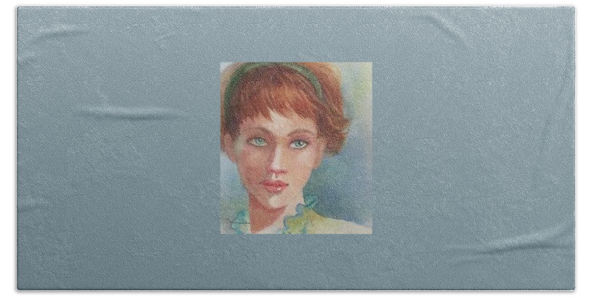 Redhead Beach Towel featuring the painting Green Eyes #1 by Marilyn Jacobson
