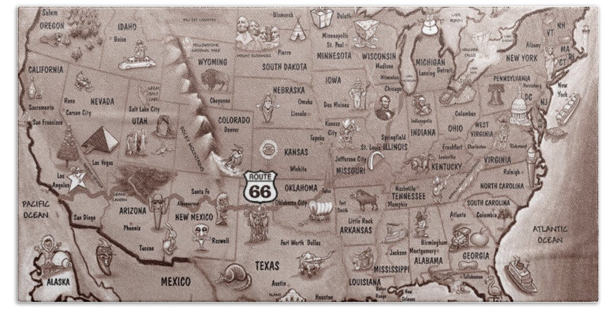 Route 66 Beach Towel featuring the painting Historic Route 66 Cartoon Map by Kevin Middleton