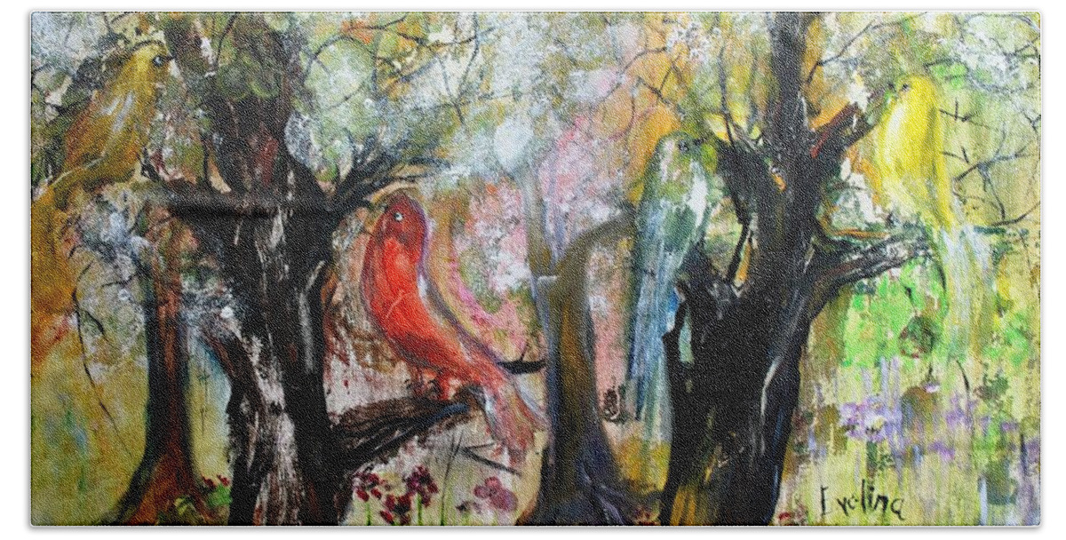 Birds Beach Towel featuring the painting In the Woods #1 by Evelina Popilian