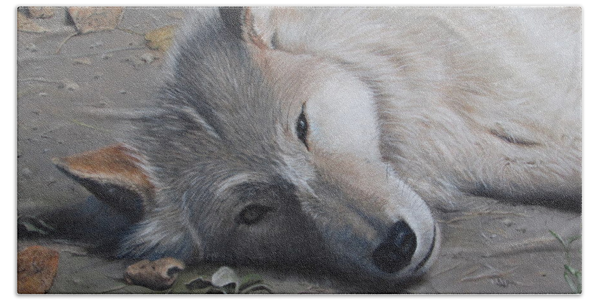 Wolf Beach Towel featuring the painting Just a Little Break by Tammy Taylor