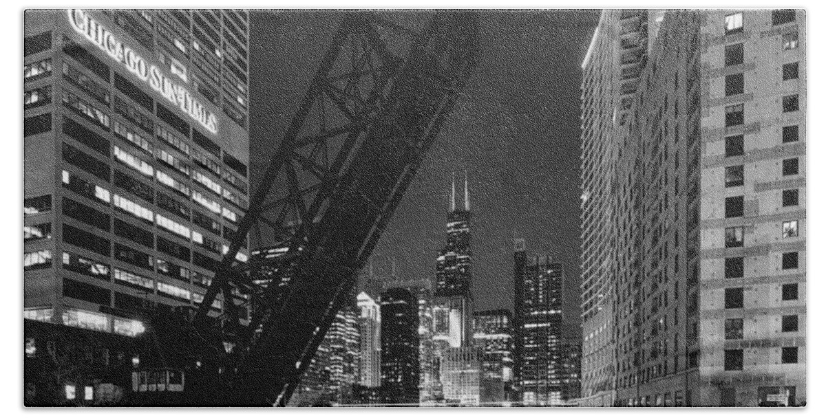 Architecture Beach Towel featuring the photograph Kinzie Street railroad bridge at night in Black and White #1 by Sebastian Musial