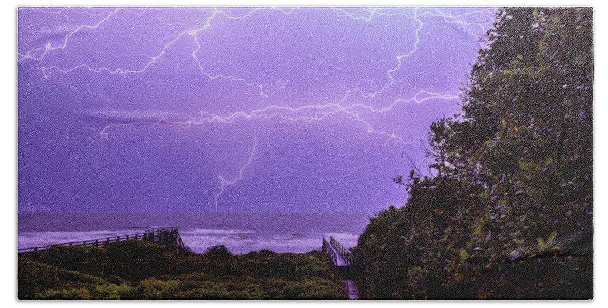 Folly Beach Beach Towel featuring the photograph Lightning over the beach #1 by Keith Allen