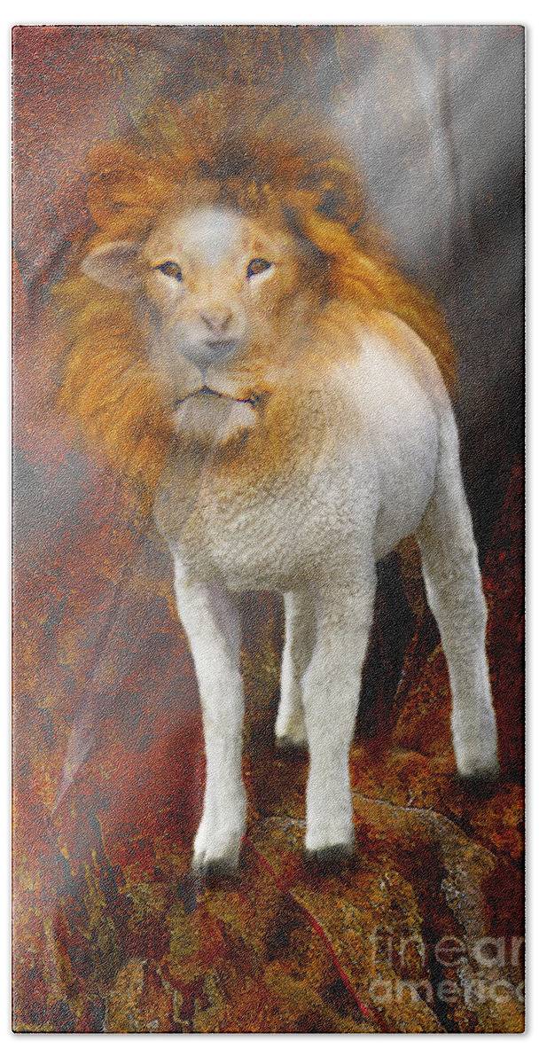 Prophetic Art Beach Towel featuring the painting Lion and Lamb of God by Constance Woods