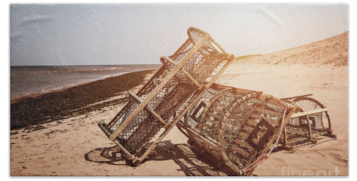Lobster Beach Towel featuring the photograph Lobster traps on beach #2 by Elena Elisseeva