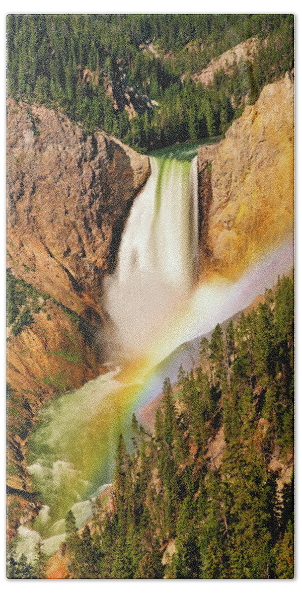 Yellowstone National Park Beach Sheet featuring the photograph Lower Falls Rainbow #1 by Greg Norrell