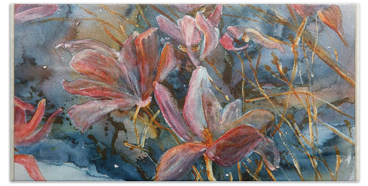 Original Oil Painting Beach Towel featuring the painting Magnolias #1 by Sherry Harradence