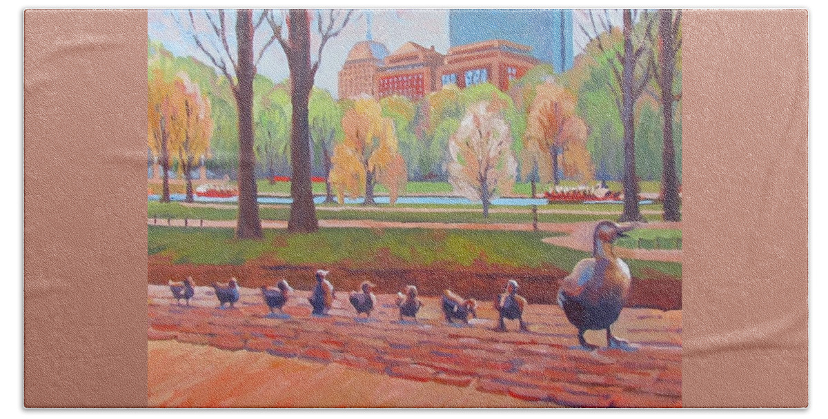 Boston Beach Towel featuring the painting Make Way for Ducklings by Dianne Panarelli Miller