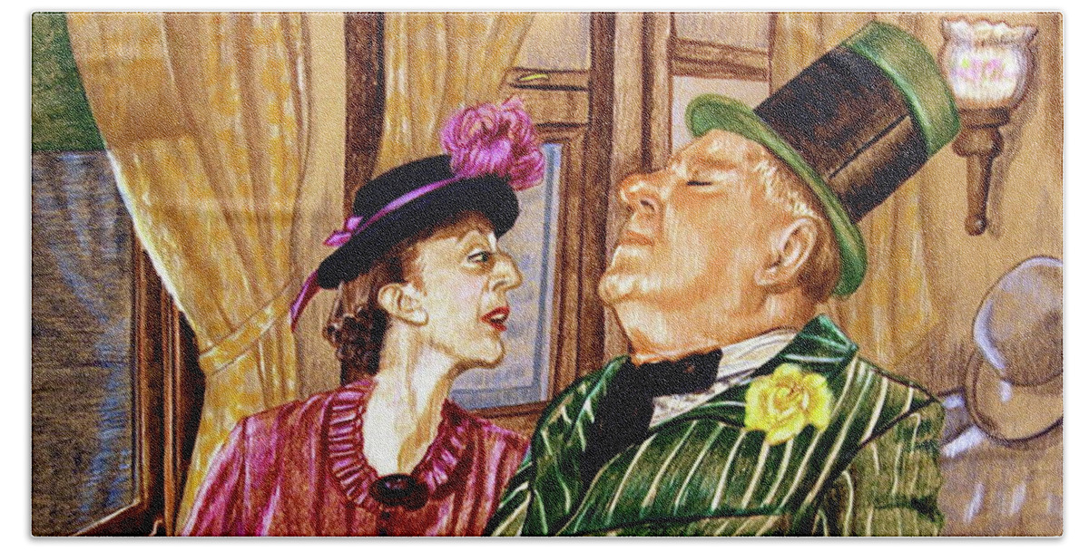 Train Beach Towel featuring the drawing Margaret and W.C. Fields by Linda Simon