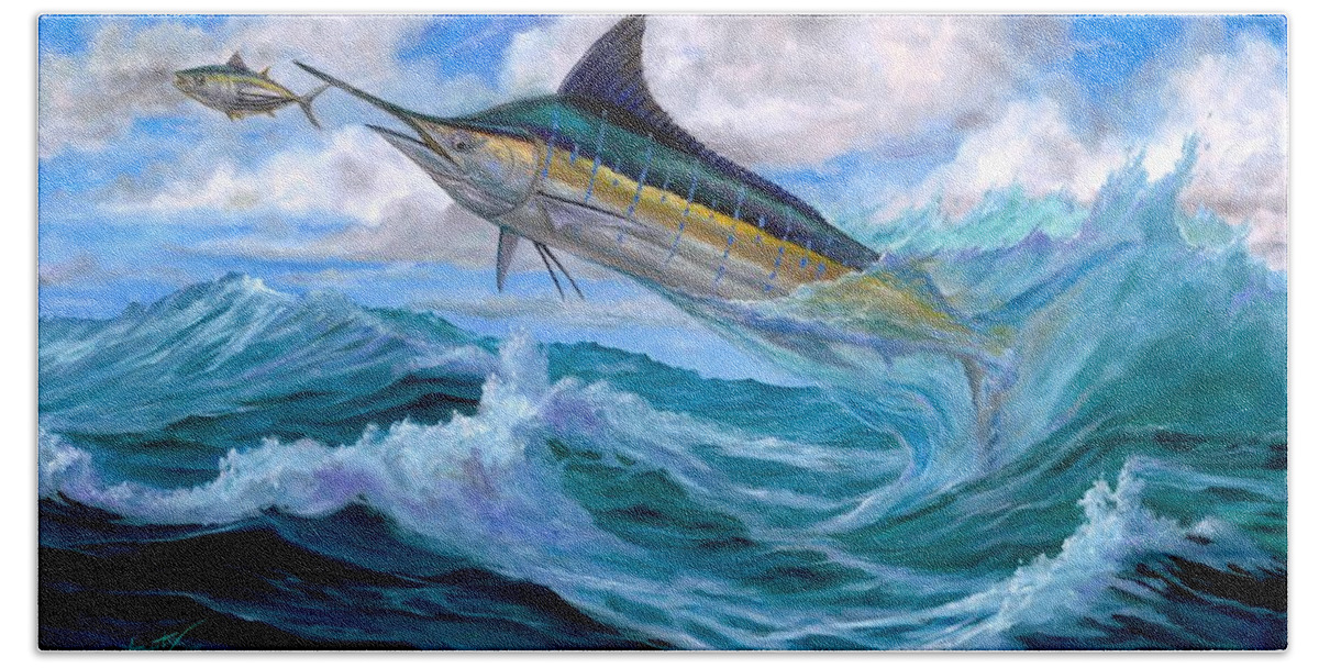 Blue Marlin Beach Sheet featuring the painting Marlin Low-Flying by Terry Fox