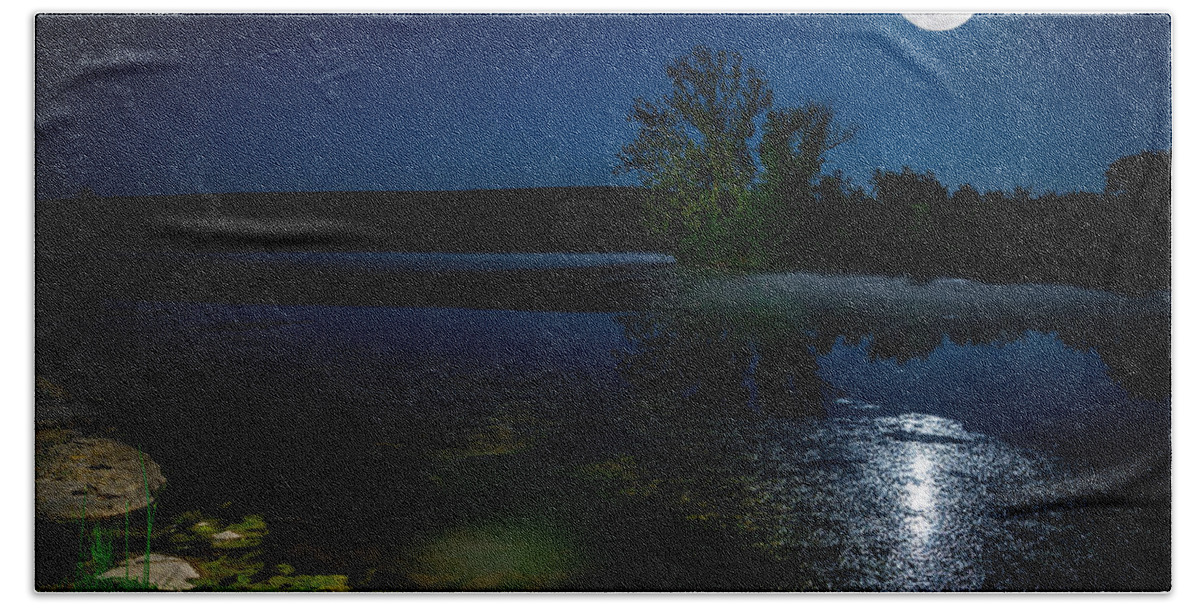 Night Beach Towel featuring the photograph Moon over lake #2 by Alexey Stiop