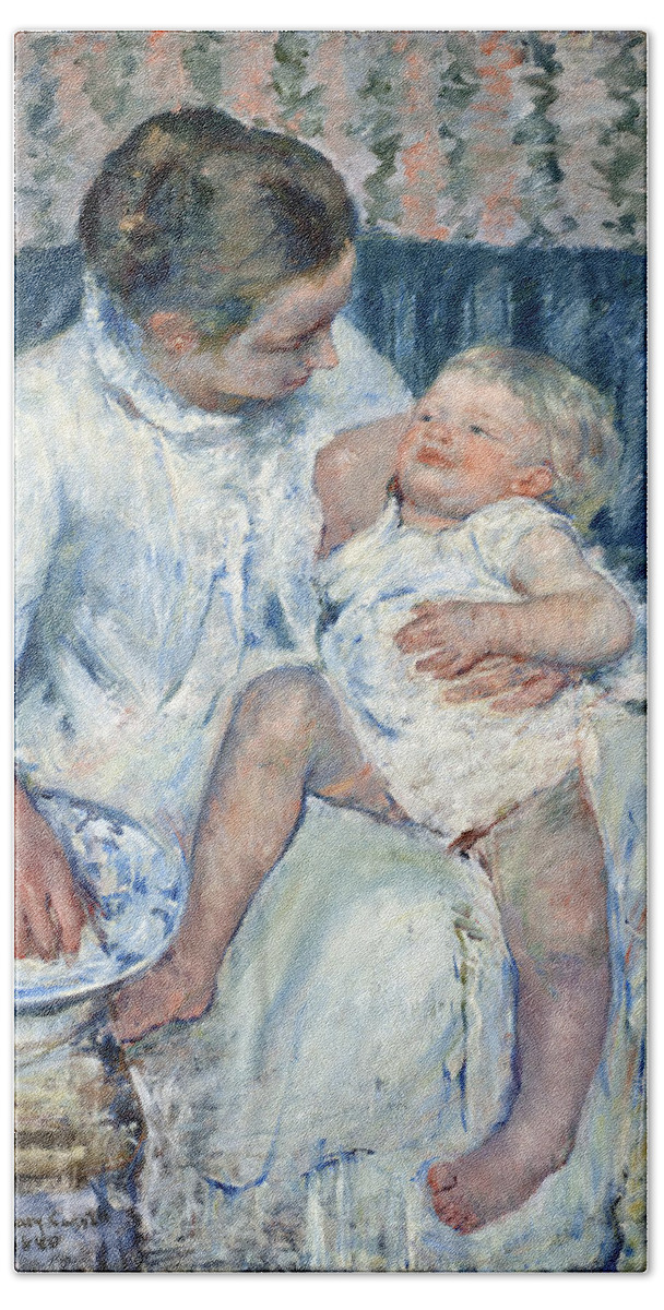 Mary Stevenson Cassatt Beach Towel featuring the painting Mother About to Wash Her Sleepy Child #1 by Mary Stevenson Cassatt