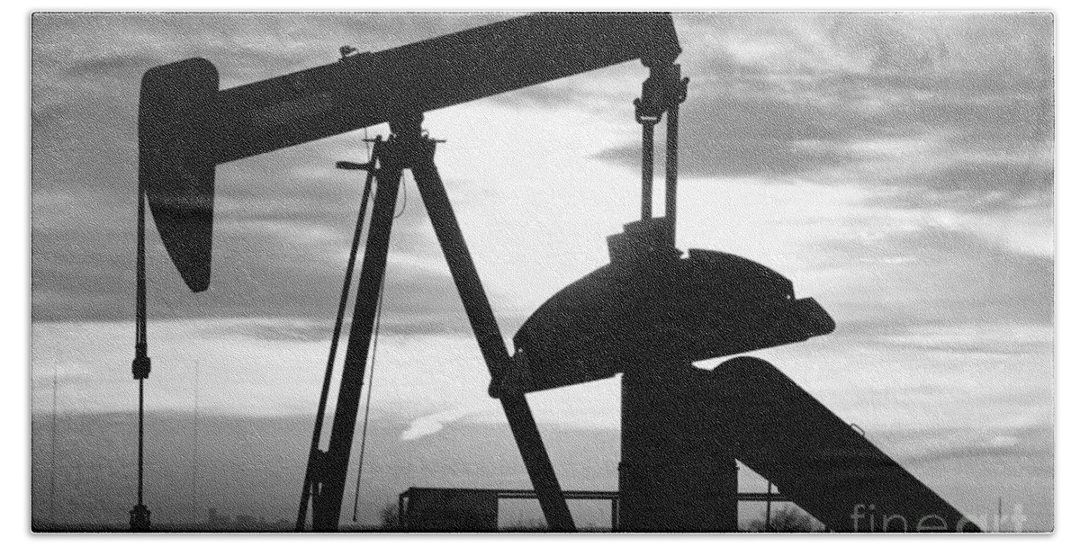 Oil Beach Sheet featuring the photograph Oil Well Pump Jack Black and White #1 by James BO Insogna