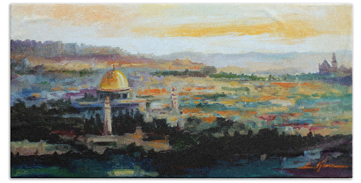 Jerusalem Beach Sheet featuring the painting Panorama of Jerusalem #1 by Luke Karcz