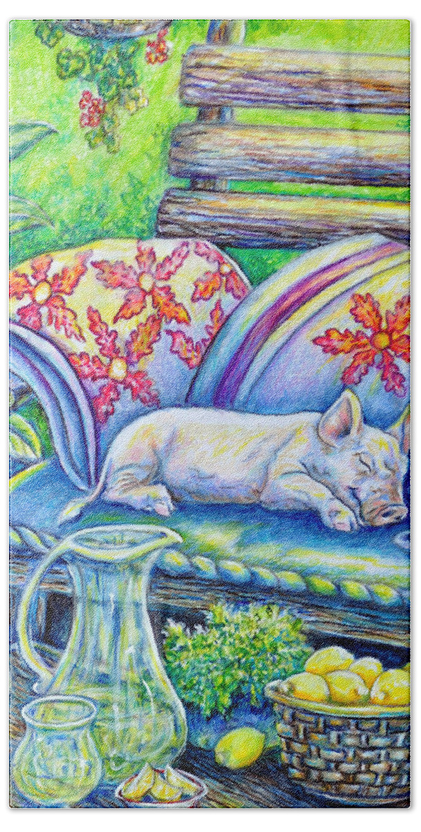 Pig Beach Towel featuring the painting Pig On A Porch by Gail Butler