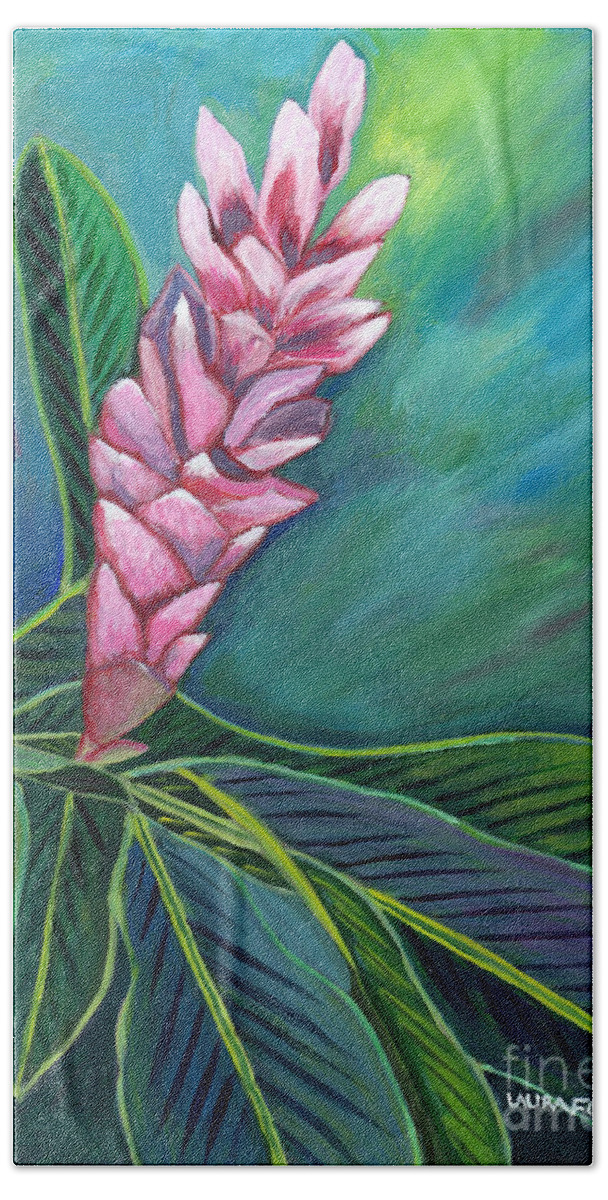 Flower Beach Towel featuring the painting Pink Ginger Lily #1 by Laura Forde