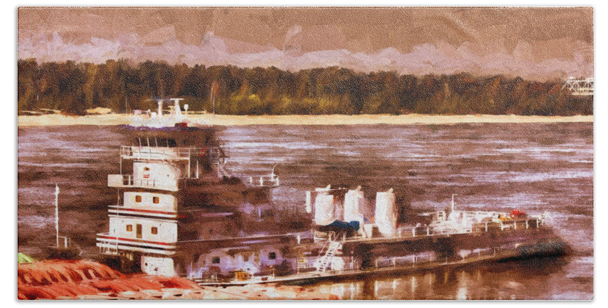 Push That Barge Beach Towel featuring the painting Riverboat - Mississippi River - Push That Barge by Barry Jones